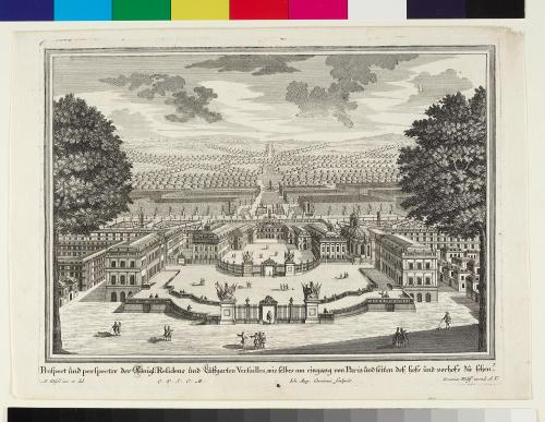 Johann August Corvinus (Radierer*in), Prospect und perspectiv der Königl:Residenz und Lustgarten Versailles, wie selbes am eingang von Paris und seiten deß hofs und vorhofs zu sehen., 1717