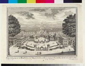 Prospect und perspectiv der Königl:Residenz und Lustgarten Versailles, wie selbes am eingang von Paris und seiten deß hofs und vorhofs zu sehen.