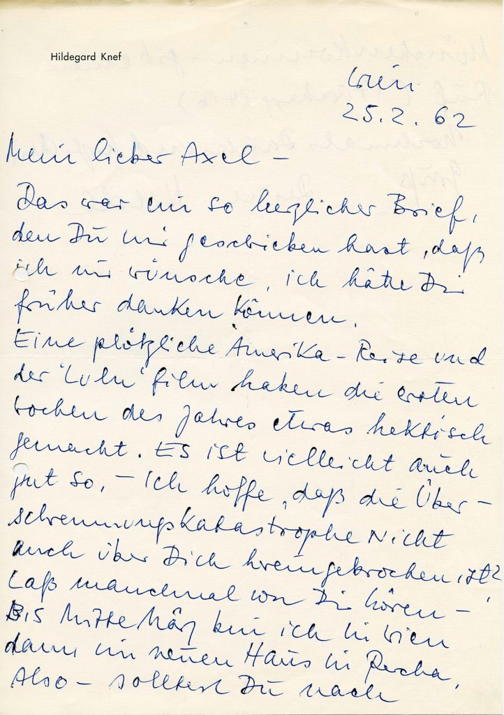 Brief von Hildegard Knef an Axel Eggebrecht, 1. Seite