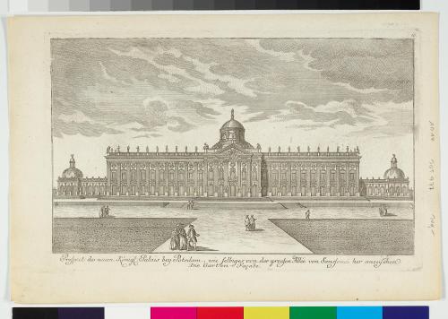 Prospect des neuen Königl. Palais bey Potsdam, wie selbiges von der grossen Allée von Sanssouci her anzusehen. Die Garten Fassade., um 1770