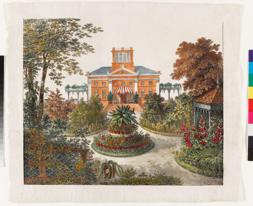 Winckelmann & Söhne (Verlag), Gartenanlage mit Casino und Blumenstellage, Mitte 19. Jh.