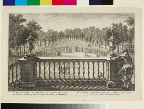 John Tinney (Herausgeber*in), A View of the Garden of the Earl of Burlington, at Chiswick; taken from the Top of the Flight of Steps leading to ye Grand Gallery in ye Back Front, 1750-1753