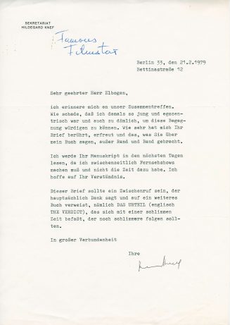 Brief von Hildegard Knef an Paul Elbogen