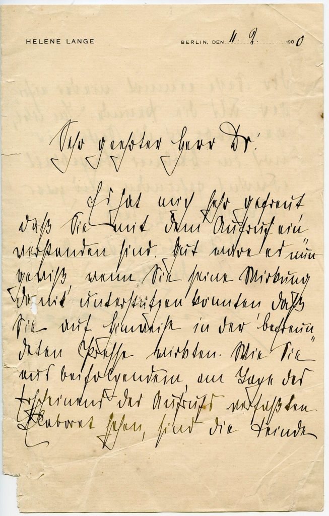 Brief von Helene Lange an das Ehepaar Lohmeyer, 1. Seite