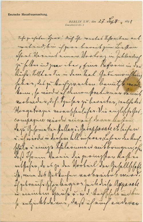 Brief von Lina Morgenstern an Paul Kunzendorf, 1. Seite