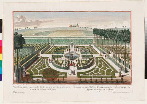 Johann August Corvinus (Radierer*in), Vüe de la piece vis a vis de la Grotte garnie de toute sorte d'arbre et plantes etrangeres., 1728