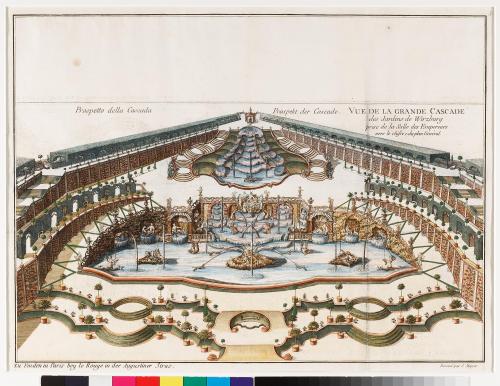 Johann Prokop Mayer (Vorlage von), VUE DE LA GRANDE CASCADE des Jardins de Wirzburg prise de la Salle des Empereurs vers le chifre 1. du plan general., 1784