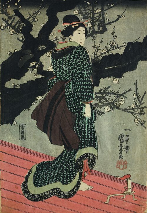 Utagawa Kuniyoshi (Künstler*in), Frau, nachts unter einem blühenden Pflaumenbaum, um 1848