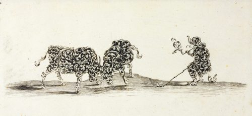 Wolfgang Hieronymus von Bömmel (Künstler*in), Zwei Rinder und ein Hirte aus Blattornamenten, ca. 1675–1700