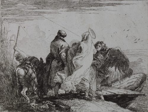 Giovanni Domenico Tiepolo (Künstler*in), Die Heilige Familie auf dem Weg zum Kahn, 1750–1753