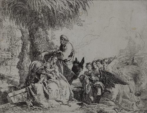 Giovanni Domenico Tiepolo (Künstler*in), Ruhe auf der Flucht unter der Palme mit anbetenden Engeln, 1750