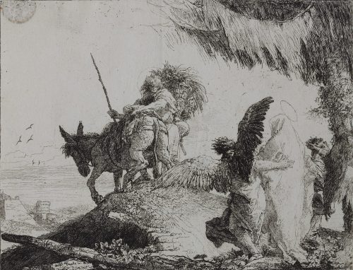 Giovanni Domenico Tiepolo (Künstler*in), Maria, von Engeln begleitet, folgt Joseph und dem Esel, 1750–1753