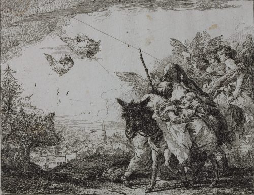 Giovanni Domenico Tiepolo (Künstler*in), Joseph betrachet das Jesuskind, im Hintergrund eine Stadt, 1750–1753