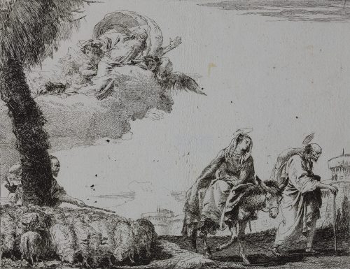 Giovanni Domenico Tiepolo (Künstler*in), Die Heilige Familie an einer Stadtmauer, darüber Gottvater in den Wolken, 1750–1753