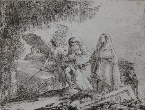 Giovanni Domenico Tiepolo (Künstler*in), Joseph, flankiert von Maria und einem Engel, trägt das Kind, 1750–1753