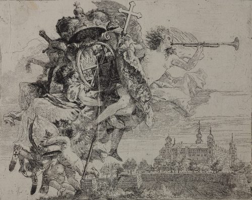 Giovanni Domenico Tiepolo (Künstler*in), Das Wappen Carl Philipps von Greiffenclau, im Hintergrund die Veste Marienberg in Würzburg, 1750–1753