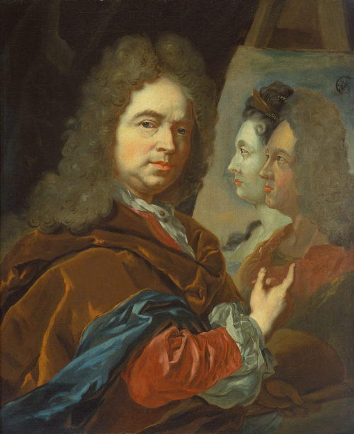 Jan Frans Douven, genannt de Oude (Künstler*in), Selbstbildnis mit dem Bildnis des Kurfürstenpaares Johann Wilhelm und Anna Maria Luisa, ca. 1715