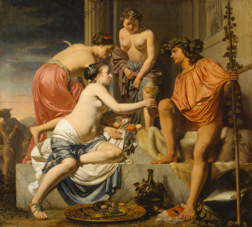 Caesar Boetius van Everdingen (Künstler*in), Der thronende Bacchus - Nymphen reichen Bacchus Wein und Früchte, 1658/nach 1670