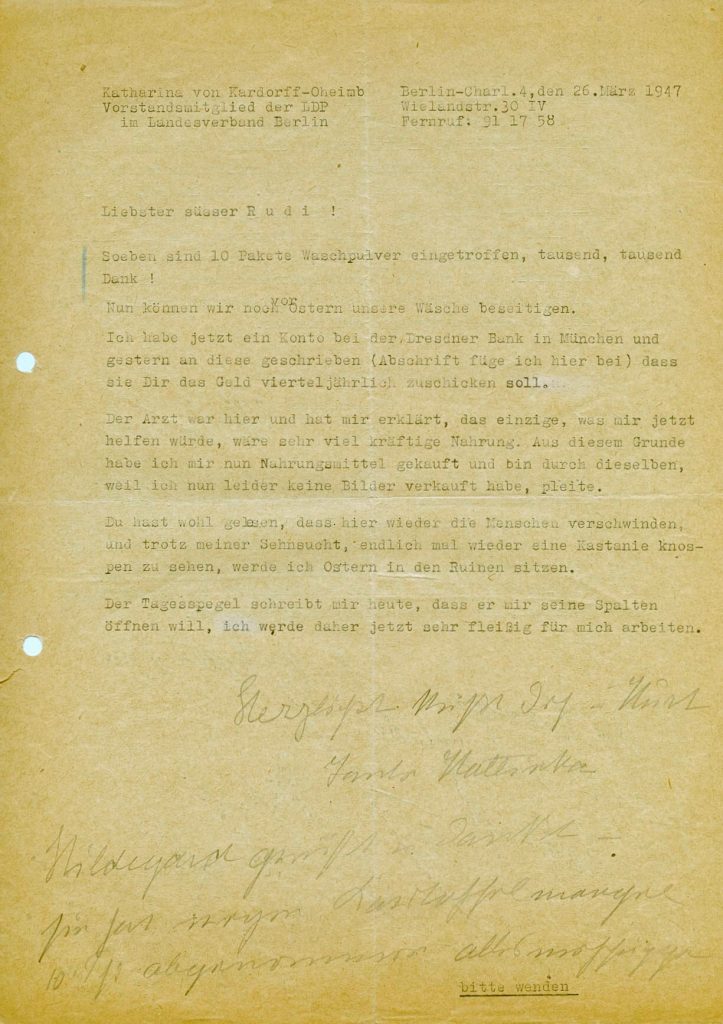 Brief von Katharina von Kardorff an Rudi Lonnes, 1. Seite