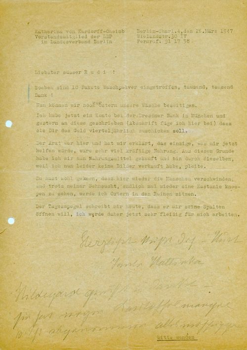 Brief von Katharina von Kardorff an Rudi Lonnes, 1. Seite