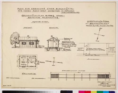 Fritz Männche (Entwurf), Plan zur Erbauung einer Blockhütte für Herrn Adolf Wolf Schreiner in München. Schellingstraße 105/0., Februar 1922