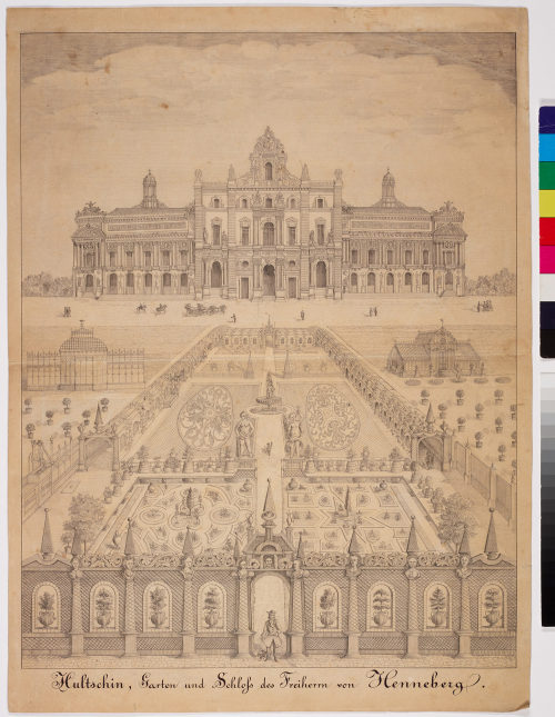 Unbekannt (Zeichner*in), Hultschin, Garten und Schloss des Freiherrn von Henneberg., 1881