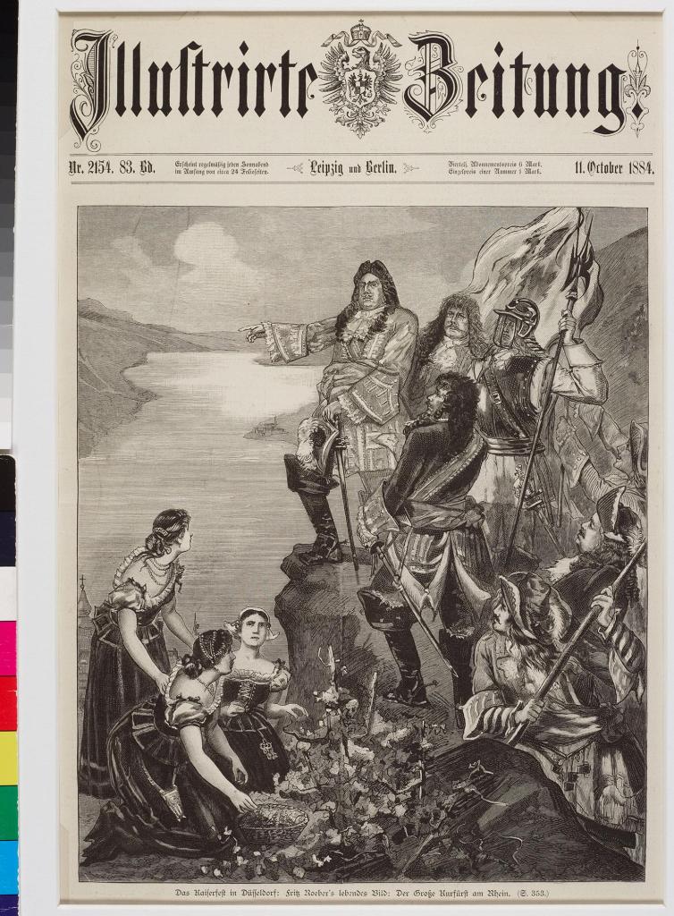 Das Kaiserfest in Düsseldorf: Fritz Roebers lebendes Bild: Der Große Kurfürst am Rhein, aus: Illustrierte Zeitung, 11. Oktober 1884, Titelblatt