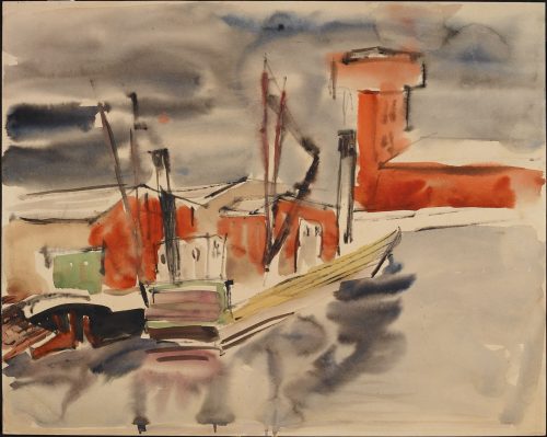 Julo Levin (Künstler*in), Fischerkähne in einem Hafen vor größeren Hafengebäuden, 1930er Jahre