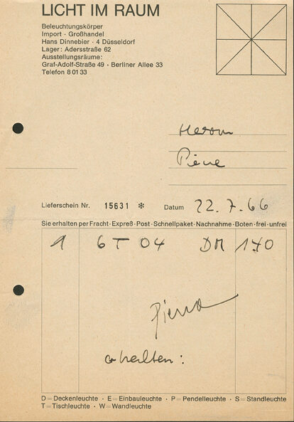 Otto Piene (Empfänger*in), Korrespondenz von der Firma "Licht im Raum - Bleuechtungskörper" an Otto Piene, 22.07.1966