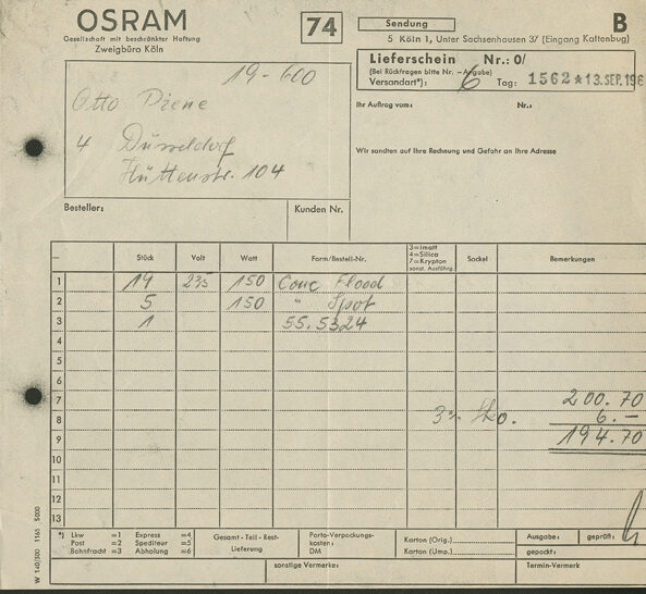 Korrespondenz der Firma Osram an Piene, Otto