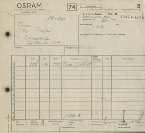 Otto Piene (Empfänger*in), Korrespondenz der Firma Osram an Piene, Otto, 09.09.1966