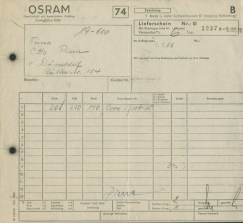 Otto Piene (Empfänger*in), Korrespondenz der Firma Osram an Piene, Otto, 09.09.1966