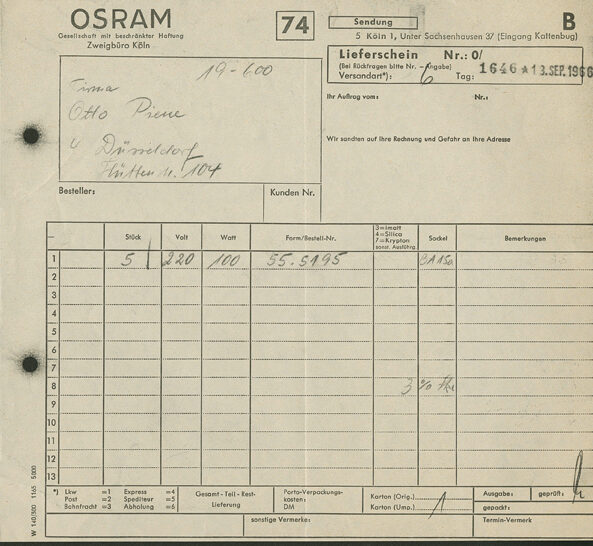 Korrespondenz der Firma Osram an Piene, Otto