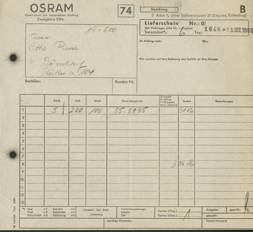 Otto Piene (Empfänger*in), Korrespondenz der Firma Osram an Piene, Otto, ohne Datum