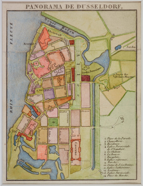 Panorama de Düsseldorf mit Legende der bedeutendsten Plätze und Gebäude, ca. 1809