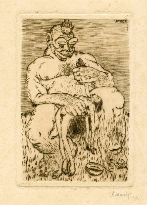 Adolf Uzarski (Künstler*in), Riesenkönig erdolcht Frau, 1912