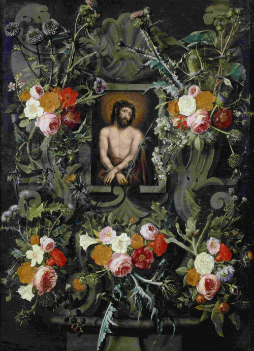 Gaspar Peeter Verbruggen der Ältere (Künstler*in), Blumenstillleben mit Ecce homo, ca. 1650–1681