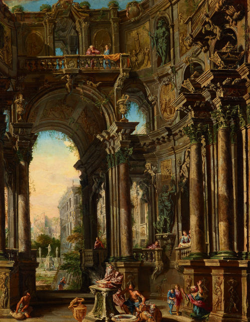 Giuseppe Galli da Bibiena (Künstler*in), Palast mit dreigeschossiger Säulenhalle und Opferszene, ca. 1700–1750