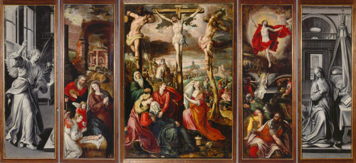 Marten de Vos (Künstler*in), Flügelaltar: Kreuzigung Christi – Geburt Christi – Auferstehung Christi, Außenflügel: Verkündigungsengel – Maria bei der Verkündigung, nach 1569