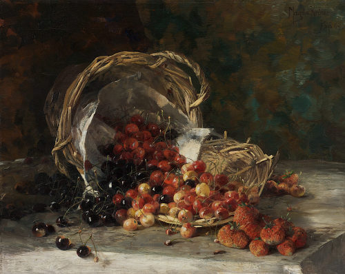 Magda Kröner (Künstler*in), Stillleben mit Kirschen und Erdbeeren im geflochtenen Korb, 1904