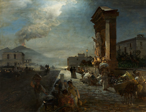 Oswald Achenbach (Künstler*in), Die Via di Marinella in Neapel mit Blick auf den Vesuv bei heraufziehendem Gewitter, 1885–1889