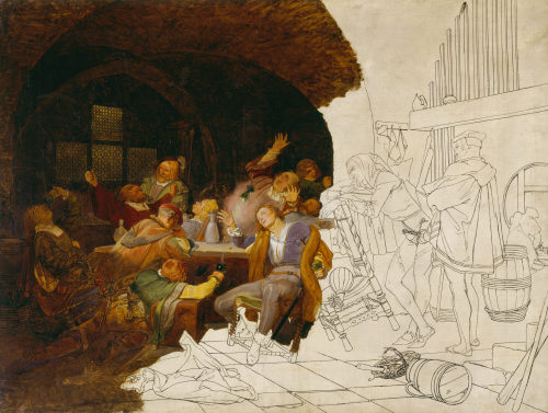 Adolph Schroedter (Künstler*in), Mephistopheles in Auerbachs Keller zu Goethes "Faust" (unvollendet), nach 1848