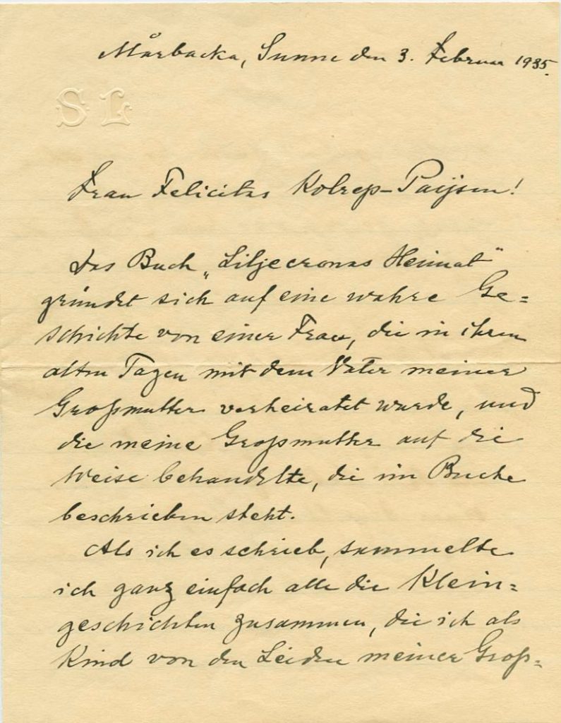 Brief von Selma Lagerlöf an Felicitas Kolrep-Paysen, 1. Seite