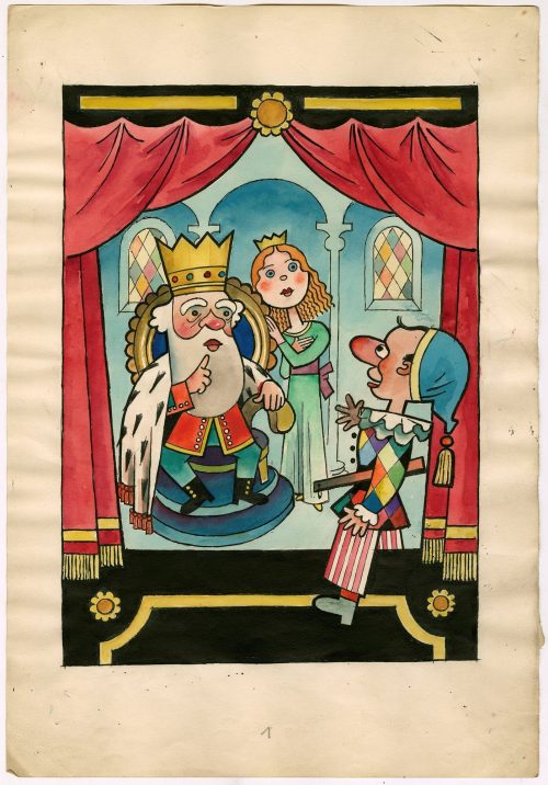 Adolf Uzarski (Künstler*in), Seite 1: Das Kasperle-Bilderbuch. Prinzessin Tausendschön. Bilder von Adolf Uzarski. Verse von Heinrich Maria Denneborg, 1947-1948