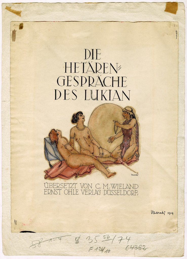 Titelblatt-Entwurf und drei Illustrationen zu: Die Hetärengespräche des Lukian