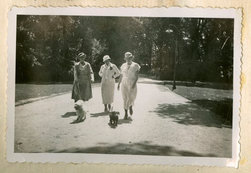 Greta Schwarz (Dargestellt), Greta, Elfi und Frieda mit Hunden, 1. August 1933