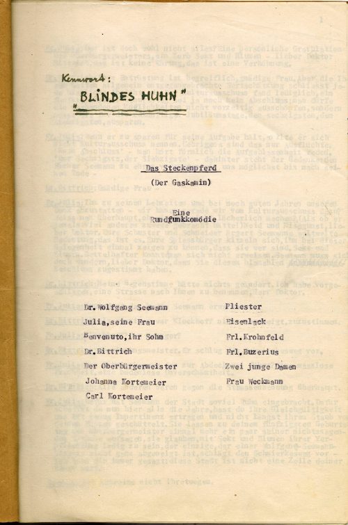 Adolf Uzarski (Autor*in), Kennwort: Blindes Huhn. eine Rundfunkkomödie. Das Steckenpferd (Der Gaskamin), ohne Datum