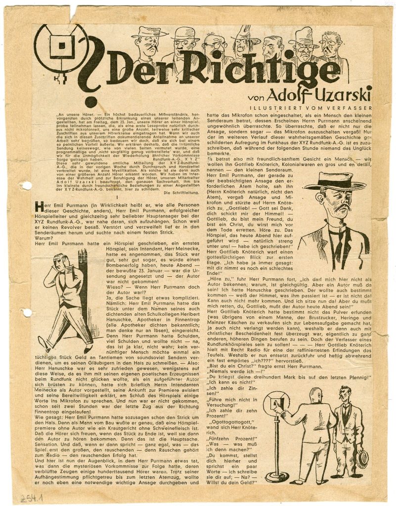 Zeitungsausschnitte: Der Richtige. von Adolf Uzarski (außerdem auf den Rückseiten: der Querulant, Angler am Rhein etc.)