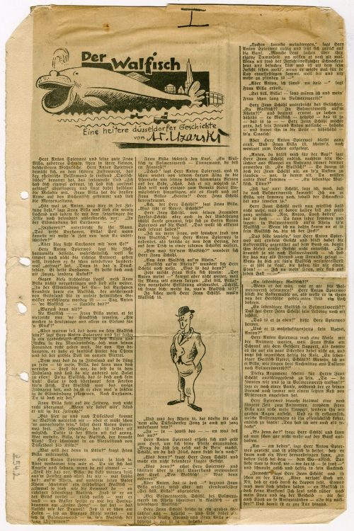 Adolf Uzarski (Autor*in), Zeitungsausschnitte: Der Walfisch. Eine heitere Düsseldorfer Geschichte von A. Uzarski (außerdem auf den Rückseiten: See-Reisen, Möppi (Adolf Ullrich), Ein Hotel in Marokko (Reisebericht), mein erster und letzter Ski-Sprung), vermutlich um 1930