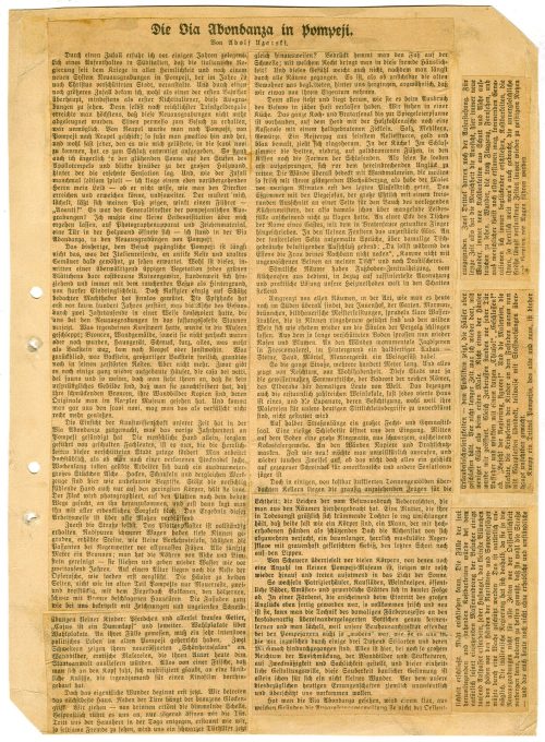 Adolf Uzarski (Autor*in), Zeitungsausschnitte: Reiseberichte und -geschichten (Die Dia Abondanza in Pompeji, Kalabrien, Zu Schiff von Düsseldorf nach London), vermutlich um 1930